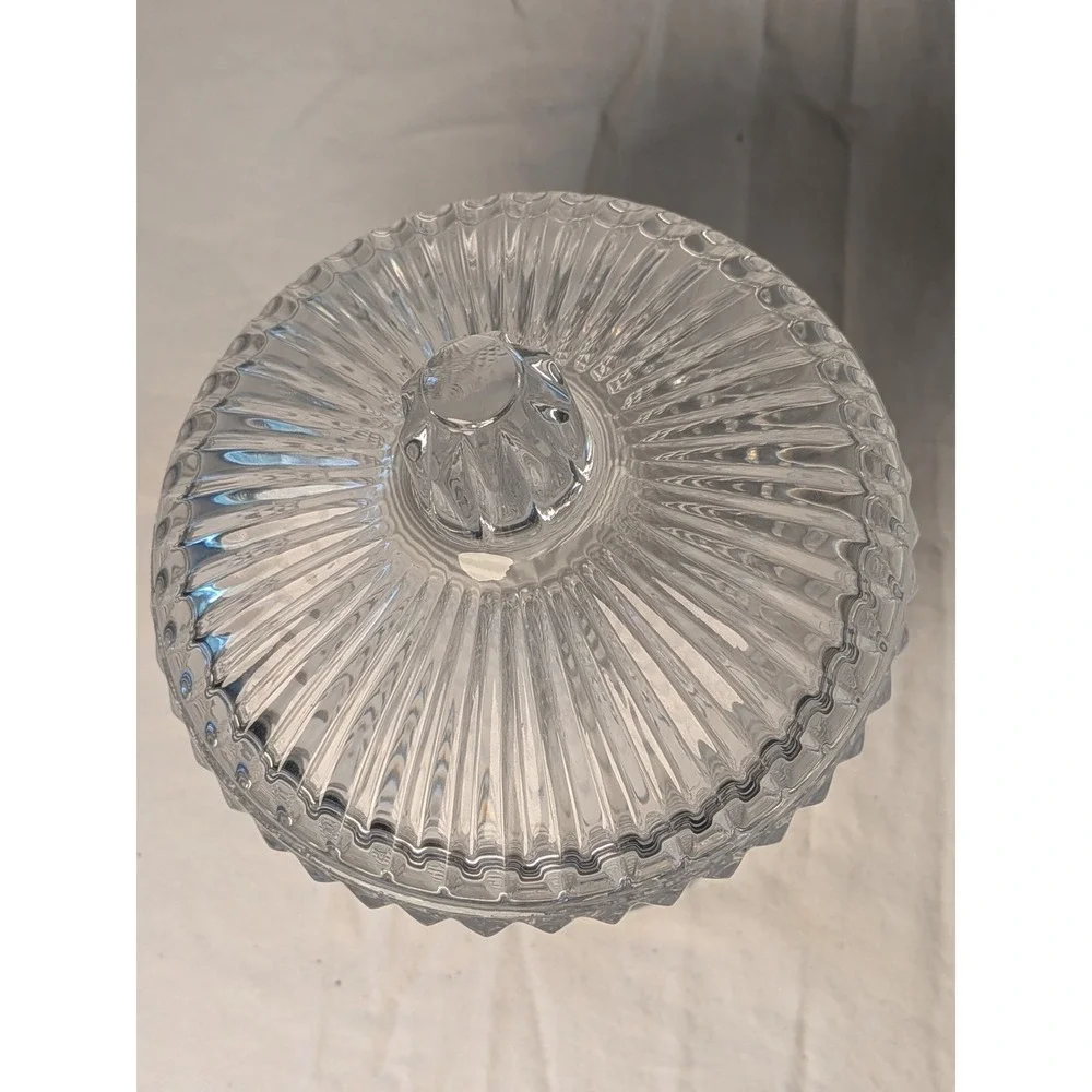 Vintage Clear Pressed Glass Candy Dish Diamond Point Footed Compote with Lid